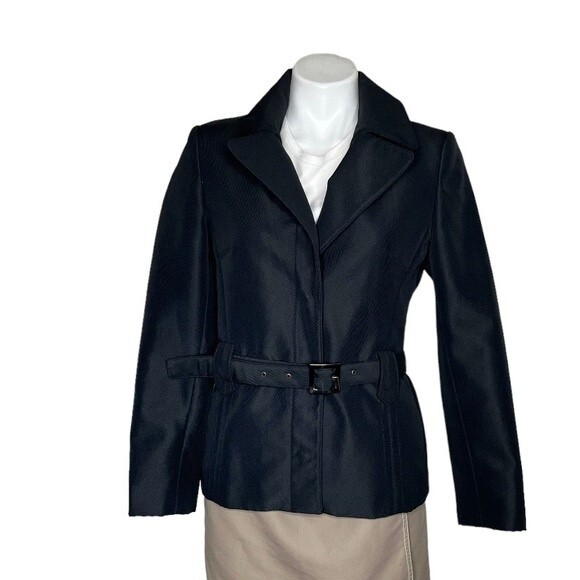 BENETTON Black Jacket Blazer Belted Snap Closure Lined Oversized Collar Size 44 - Picture 1 of 15